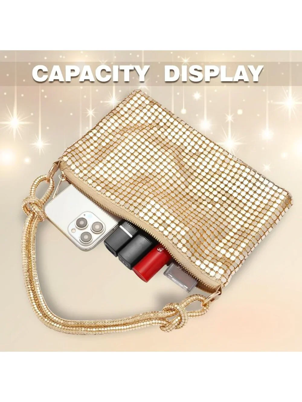 Women Gold Rhinestone Evening Sparkly Crystal Slouchy Shoulder Clutch Purse